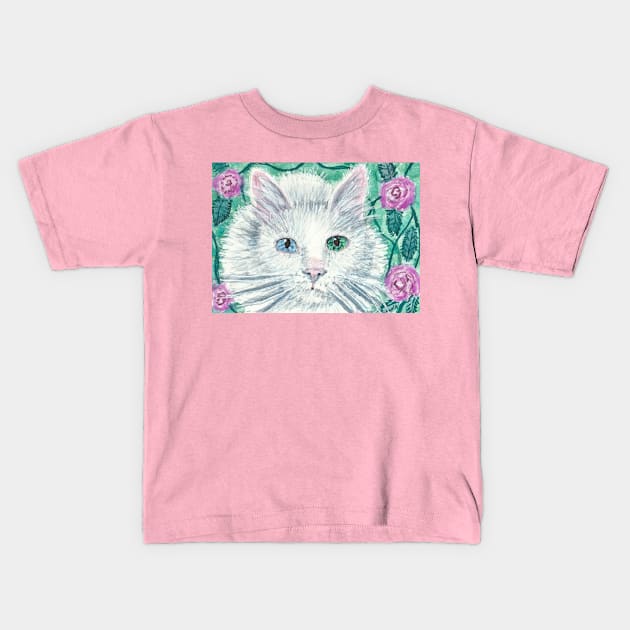 white cat flowers Kids T-Shirt by SamsArtworks